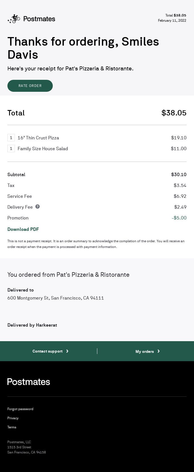 Postmates order confirmation email with downloadable PDF receipt attachment and customer rating request CTA for immediate feedback collection